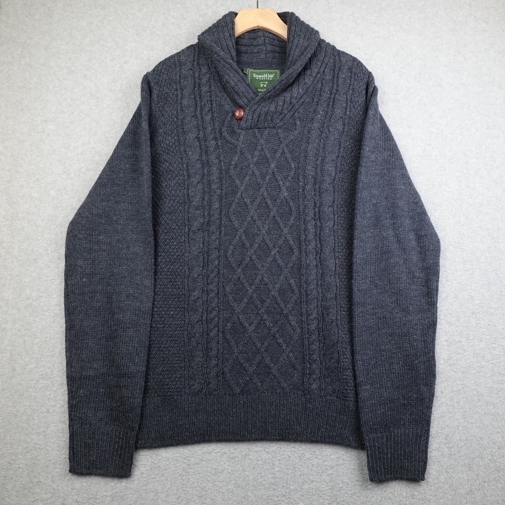 Emerald Isle Weaving Sweater Mens Large Blue Cable Knit Wool Blend Killarney